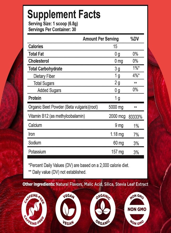 selfevolve Beet Root Powder Organic 5000mg with Vitamin B12 (Methylcobalamin) and Trace Minerals in Natural Black Cherry Flavor, 0g Added Sugar – Vegan Dietary Supplement (30 Servings) - Image 3